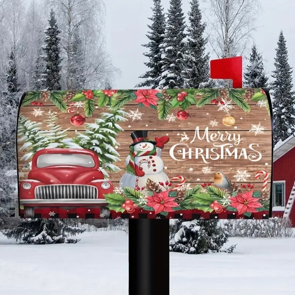 1pc Merry Christmas Country Holiday Snowman Red Truck Magnetic Mailbox Cover - Picture 1 of 9